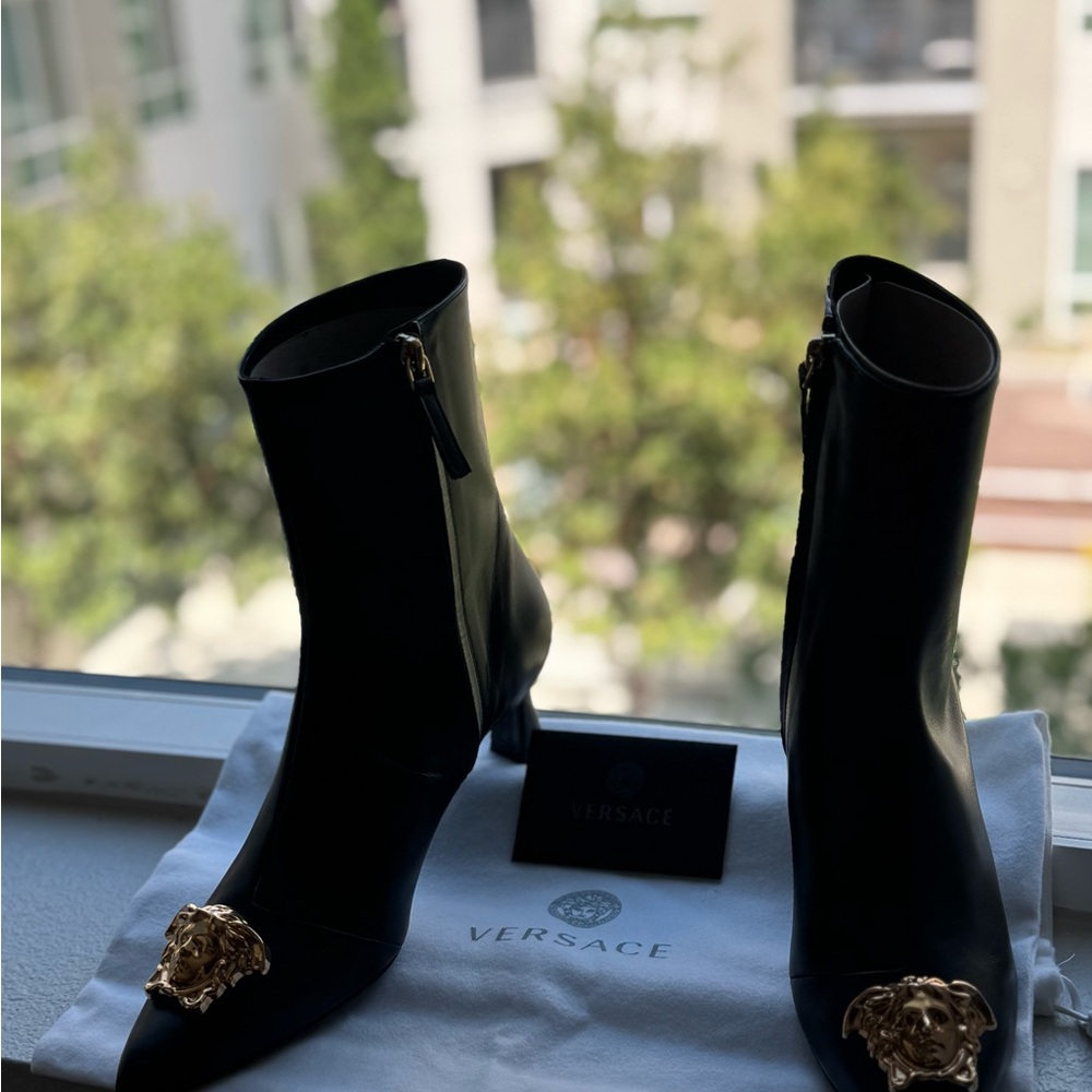 Versace Black Heeled Boots with Gold Accents